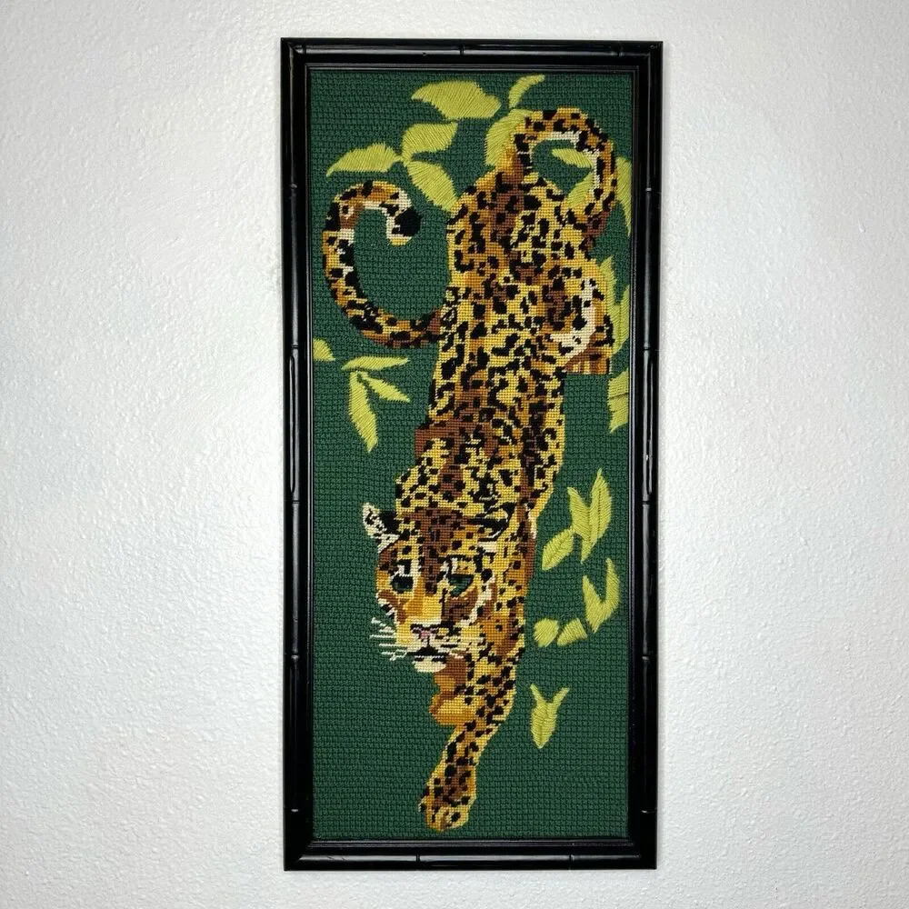 Vintage Leopard Needlepoint Black Bamboo Type Frame Green Hollywood Regency Art - Picture 1 of 16